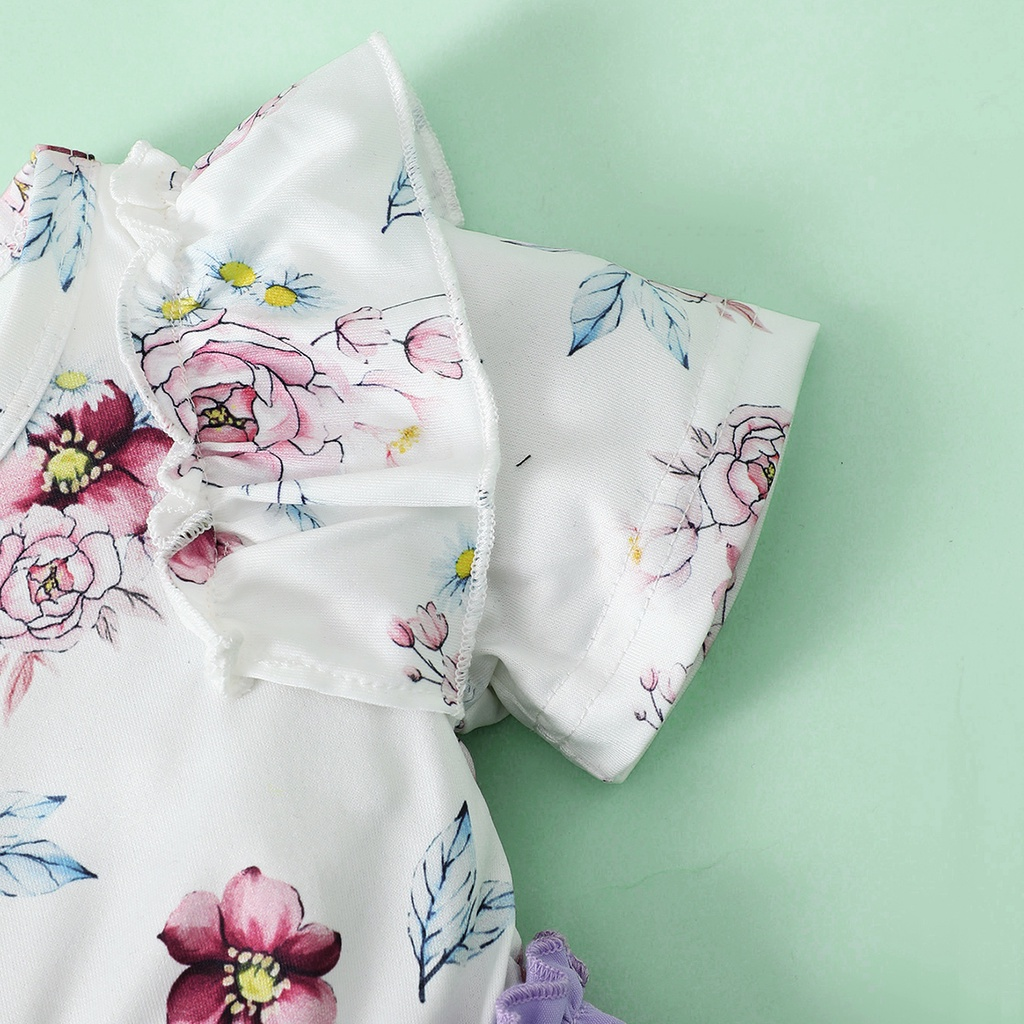 【2PCS】 9M-3Y Baby Girl Outfit | Floral Print Top & Lavender Skirt Dress + Matching Floral Headband | Sweet Summer Wear