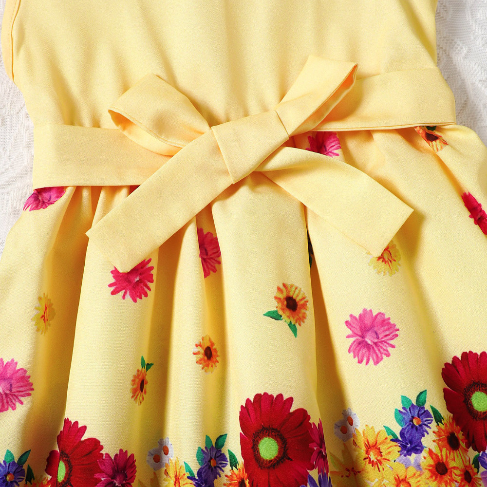 【4-7Y】 Toddler Girl Sleeveless Dress | Yellow Floral Print Dress with Bow Belt | Sweet Summer Outfit
