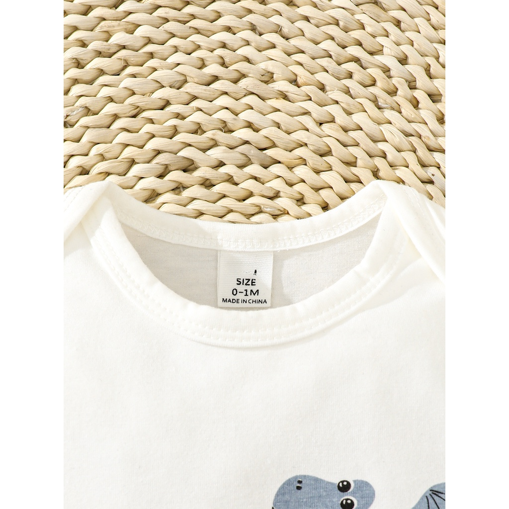 【0-6M】 2PCS Newborn Baby Outfit: Dinosaur Print Short-Sleeve Bodysuit + Ear Hat – Cute Summer Daily Set