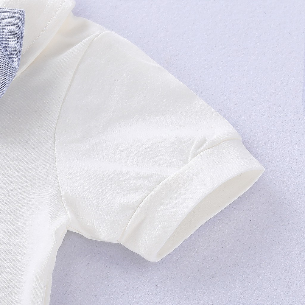【2PCS】 0-12M Baby Boy Formal Set | White Short Sleeve Shirt + Light Blue Suspender Shorts with Bow Tie | Gentleman Party Outfit