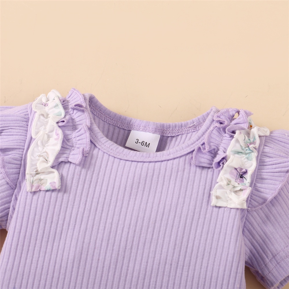 【3PCS】 0-18M Baby Girl Clothes Set | Purple Ribbed Ruffle Romper + Floral Print Shorts + Bow Headband | Sweet Casual Wear