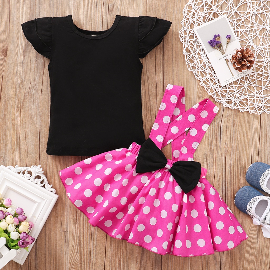 1-6 Years Kid Girl Clothing Set Solid Short Sleeves T-shirt Bow Polka Dot Skirt