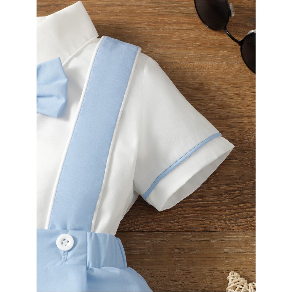 0-3Y Boys' Gentleman Style Shirt & Suspender Shorts Set with Bow Tie | Soft Breathable 2-Piece Outfit, for Daily Wear & Special Occasions, Toddler Boys