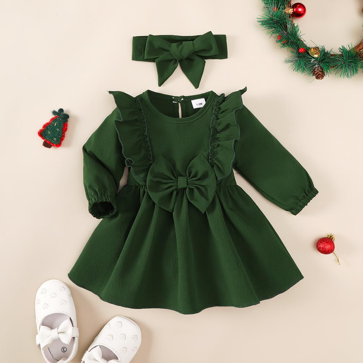 【2PCS】 1-18M Baby Girl Set | Dark Green Long Sleeve Dress with Big Bow + Matching Bow Headband | Elegant Christmas Outfit