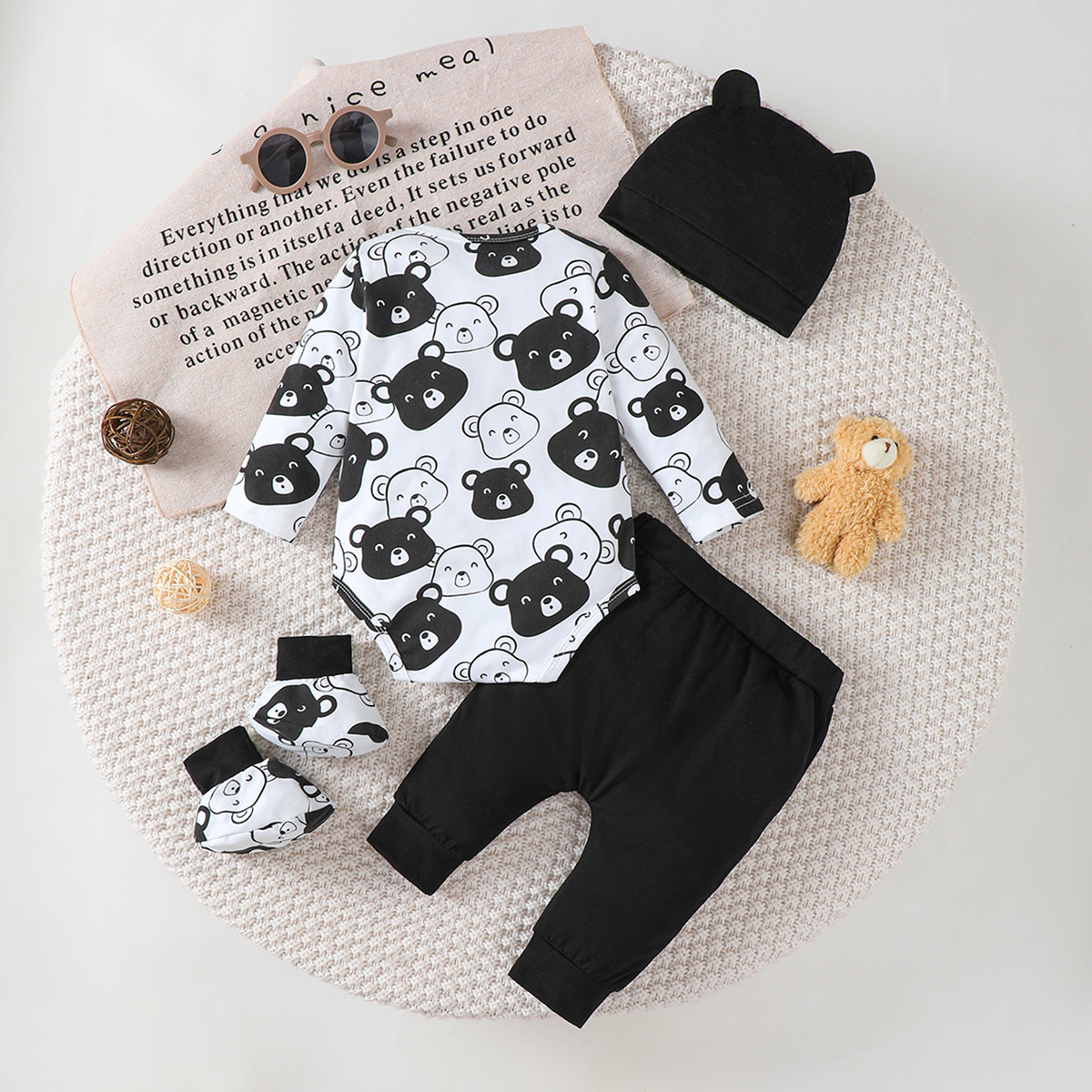 【4PCS】 0-9M Baby Boy Set | Black & White Bear Print Bodysuit + Black Pants + Matching Ear Hat + Booties | Adorable Casual Outfit