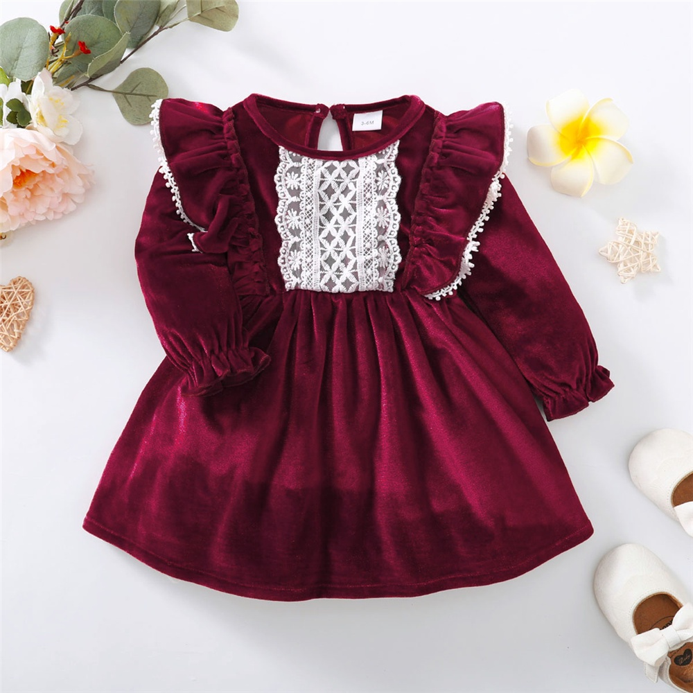 Catpapa girl | 【3-18M】 Toddler Girl Velvet Dress | Wine Red Long Sleeve Dress with Lace Ruffle Trim | Elegant Party Outfit | 3 months baby girl dress | Kids fancy dresses | Baby girl dresses