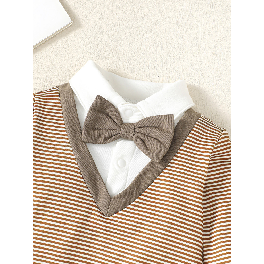 【2PCS】 6-18M Baby Boy Formal Outfit | Brown Striped Bow Tie Shirt + Solid Pants | Gentleman Casual Set