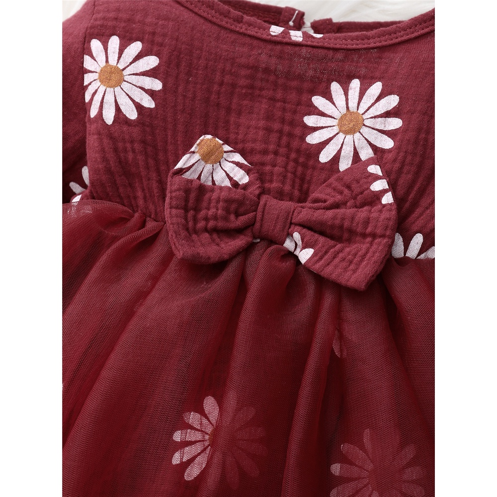 Catpapa girl | 【2PCS】 0-18M Baby Girl Romper Dress | Maroon Daisy Print Mesh Tulle Dress + Matching Bow Headband | Cute Newborn Outfit | Babies dress | Cute baby dresses | Kids fancy dresses