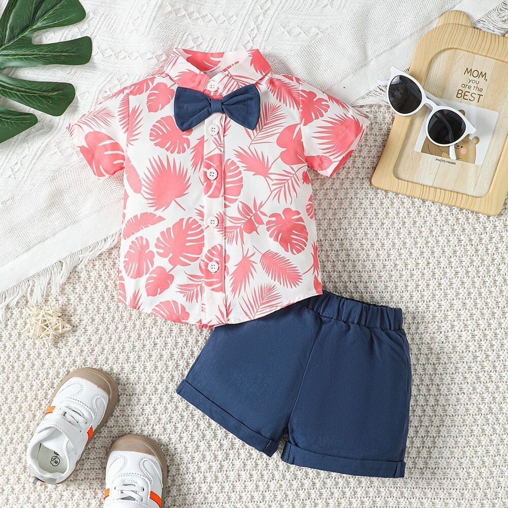 3-24Months Tshirt For Kids Boy Short Sleeve Formal Wear Gentleman 2PCS Set With Bow Summer  Baby Boy Clothes Holiday Style Birthday Party Outfit