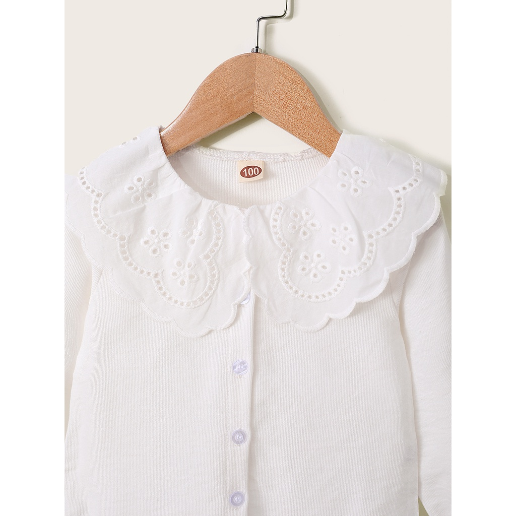 【1-6Y】 Toddler Girl Casual Top | White Lace Eyelet Peter Pan Collar Long Sleeve Blouse with Ruffle Cuffs | Sweet Daily Wear