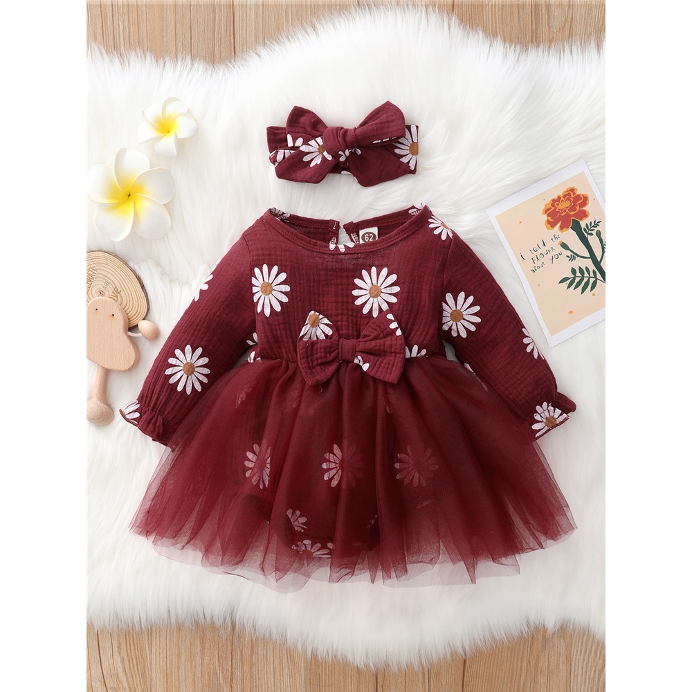 Catpapa girl | 【2PCS】 0-18M Baby Girl Romper Dress | Maroon Daisy Print Mesh Tulle Dress + Matching Bow Headband | Cute Newborn Outfit | Babies dress | Cute baby dresses | Kids fancy dresses