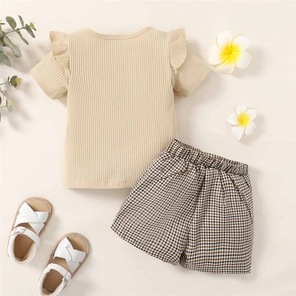 【2PCS】 1-6Y Baby Girl Clothes Set | Ribbed Letters Print T-shirt + Plaid Shorts | Casual Summer Outfit
