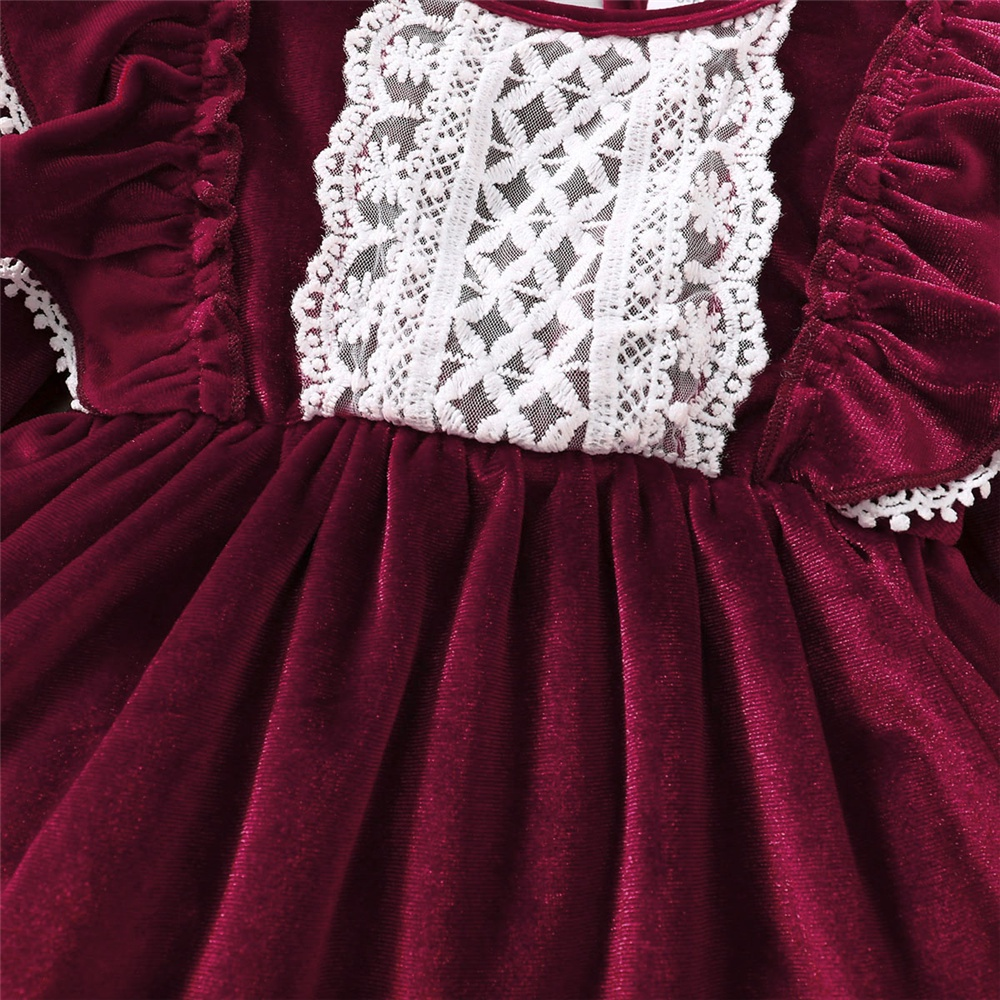 Catpapa girl | 【3-18M】 Toddler Girl Velvet Dress | Wine Red Long Sleeve Dress with Lace Ruffle Trim | Elegant Party Outfit | 3 months baby girl dress | Kids fancy dresses | Baby girl dresses