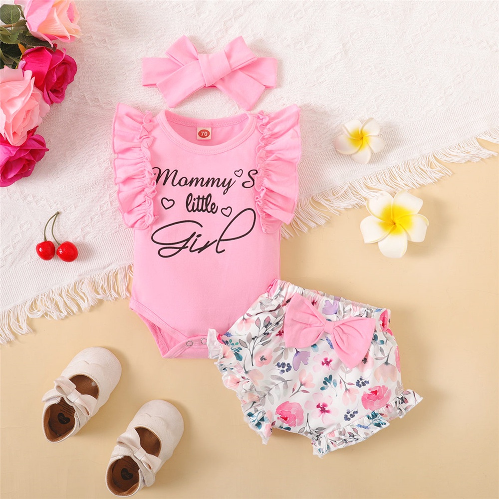 【3PCS】 0-18M Baby Girl Clothes Set | Pink "Mommy's Little Girl" Romper + Floral Bloomer Shorts + Bow Headband | Cute Summer Outfit