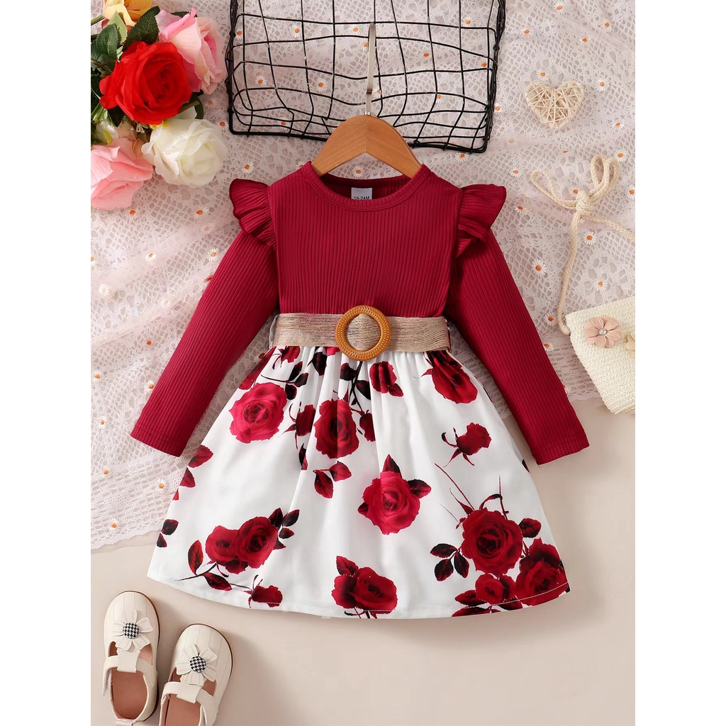 【18M-7Y】 Toddler Girl Dress | Wine Red Ribbed Top + Rose Print Skirt with Waist Belt | Elegant Party Outfit