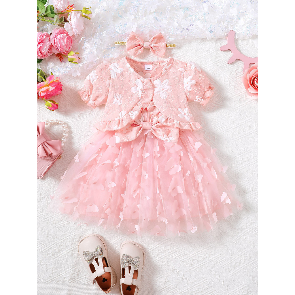 【3PCS】 6M-3Y Toddler Girl Outfit | Pink Butterfly Applique Dress + Matching Short Cardigan + Bow Headband | Sweet Princess Set