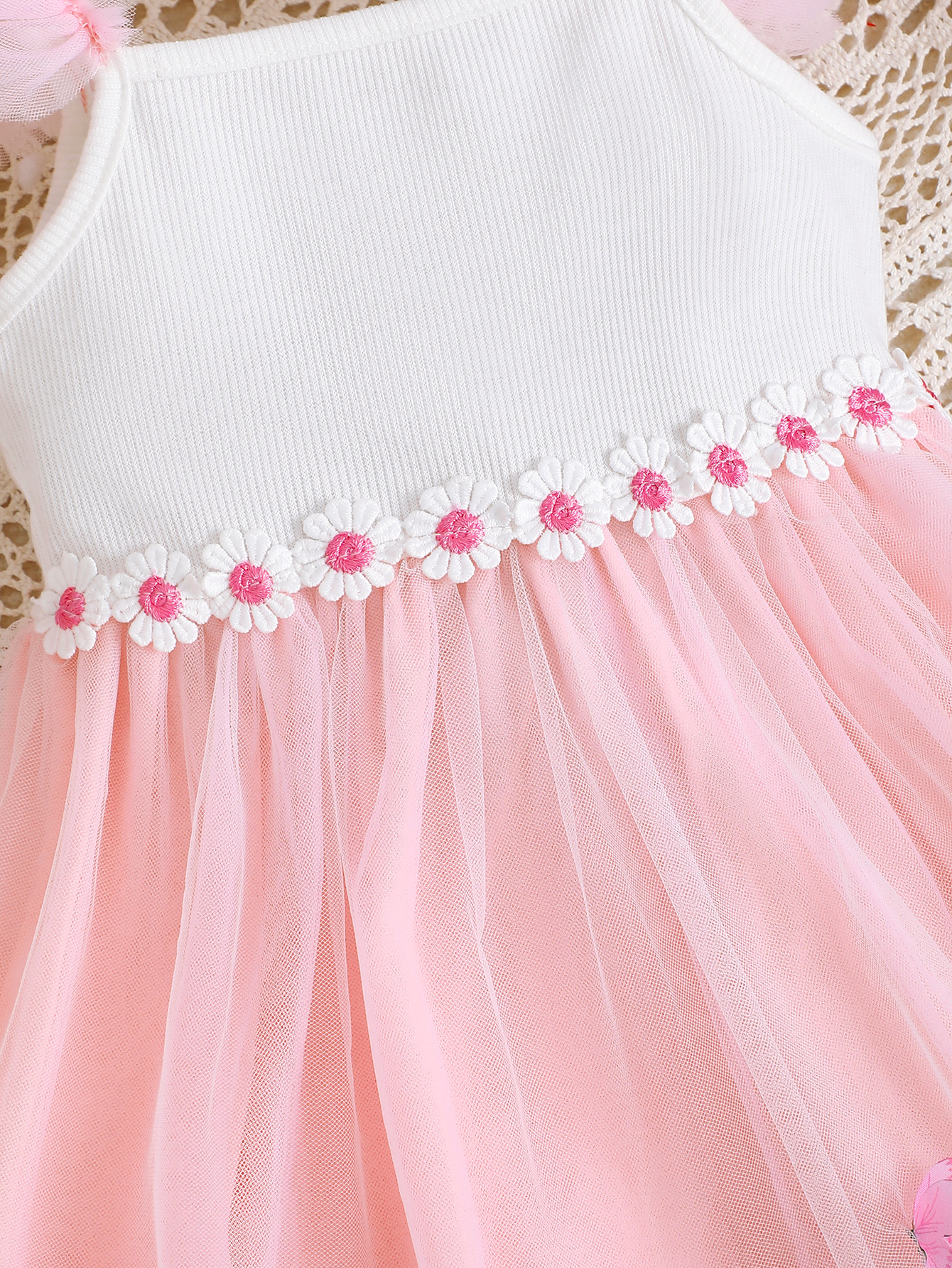 【6M-3Y】 Toddler Girl Dress | Pink Butterfly Applique Tulle Dress with Daisy Trim and Tulle Straps | Cute Party Wear