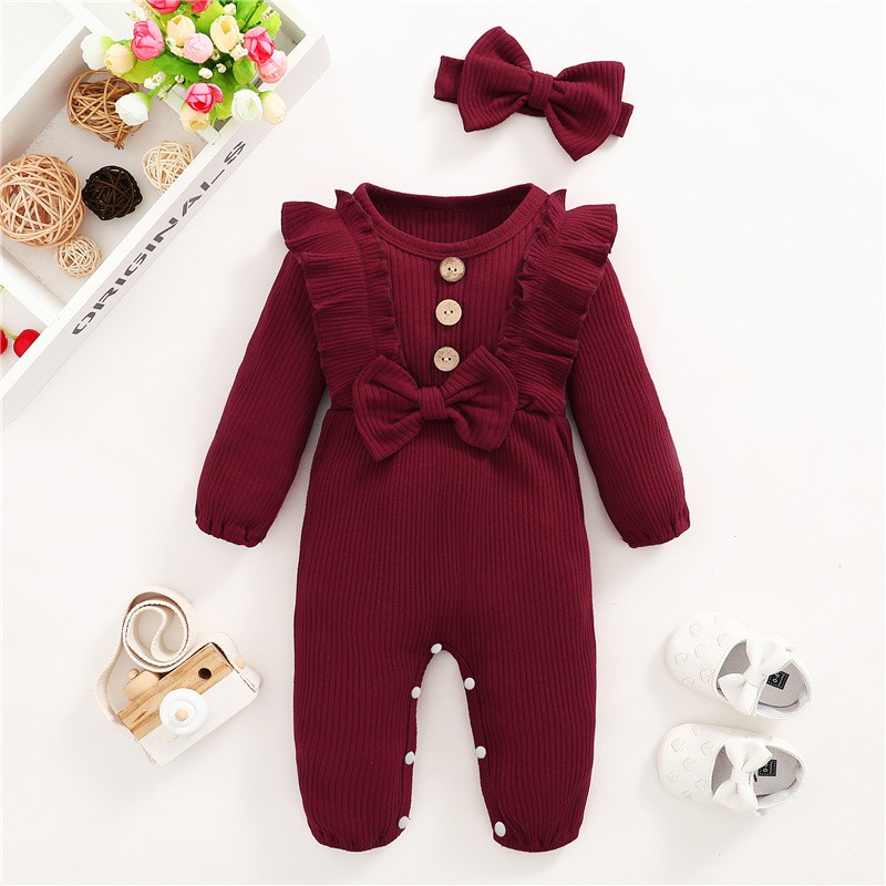 【2PCS】 0-18M Baby Girl Set | Maroon Ribbed Romper with Ruffles and Bow + Matching Bow Headband | Festive Casual Wear