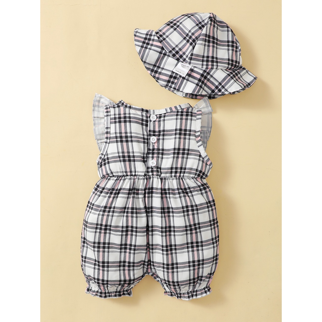 【2PCS】 0-18M Baby Girl Outfit | Plaid Ruffle Romper with Pink Bows + Matching Sun Hat | Cute Summer Set