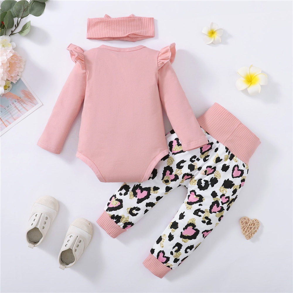 【0-18M】 3PCS Baby Girl Autumn Outfit: Ruffle-Sleeve Romper + Leopard Heart Print High-Waist Pants + Matching Headband – Cute Daily Set