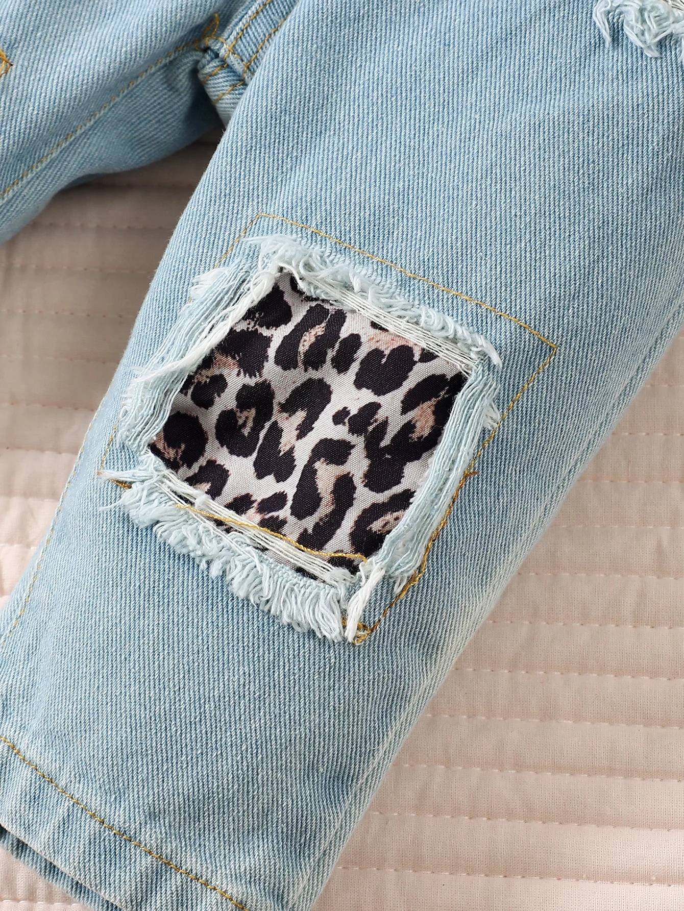 【3PCS】 3-24M Toddler Girl Outfit | Leopard Print Tie-Strap Top + Denim Patchwork Pants + Matching Bow Headband | Stylish Casual Set