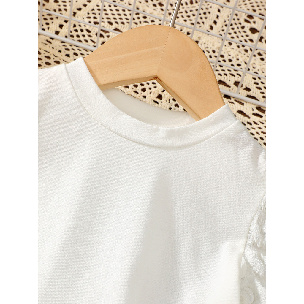 【2PCS】 4-7Y Toddler Girl Outfit | White Bubble Sleeve Top + Black Faux Leather Suspender Dress | Stylish Casual Set