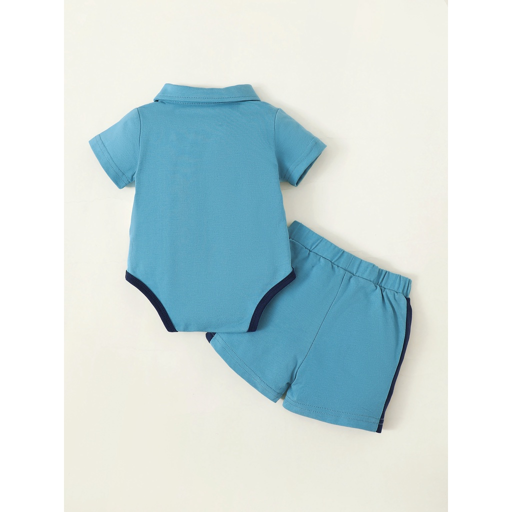 Catpapa boy |【0-9M】 2PCS Baby Boy Summer Outfit: Color-Block Polo Romper with Letter Embroidery + Matching Color-Block Shorts – Casual Set | Boys clothes fashions | BabyClothing