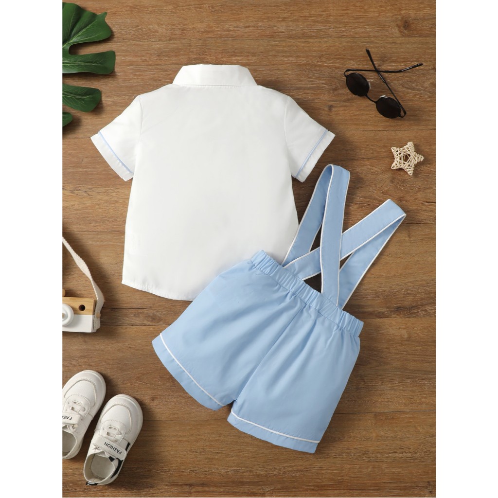 0-3Y Boys' Gentleman Style Shirt & Suspender Shorts Set with Bow Tie | Soft Breathable 2-Piece Outfit, for Daily Wear & Special Occasions, Toddler Boys