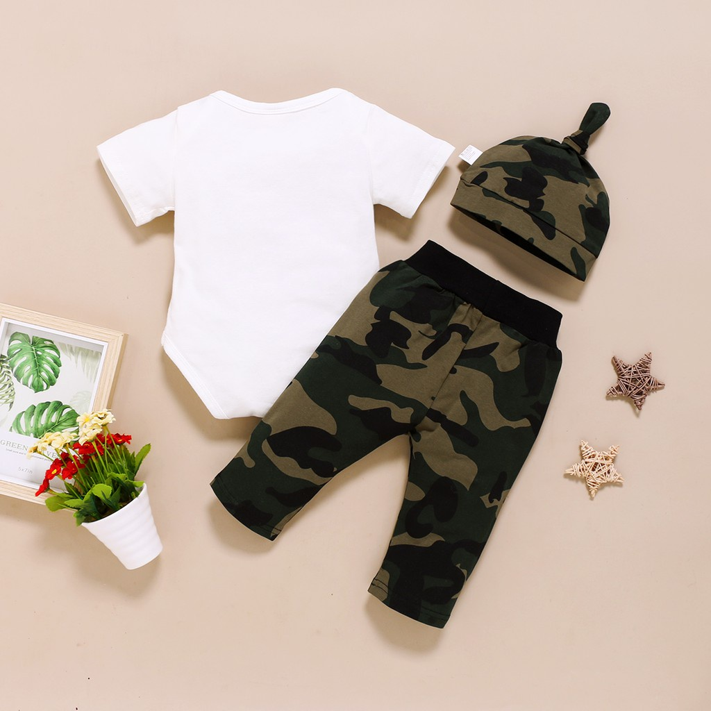 【3PCS】 0-18M Baby Boy Formal Set | "Ladies I Have Arrived" Letters Print Romper + Camouflage Pants + Matching Hat | Party Casual Wear