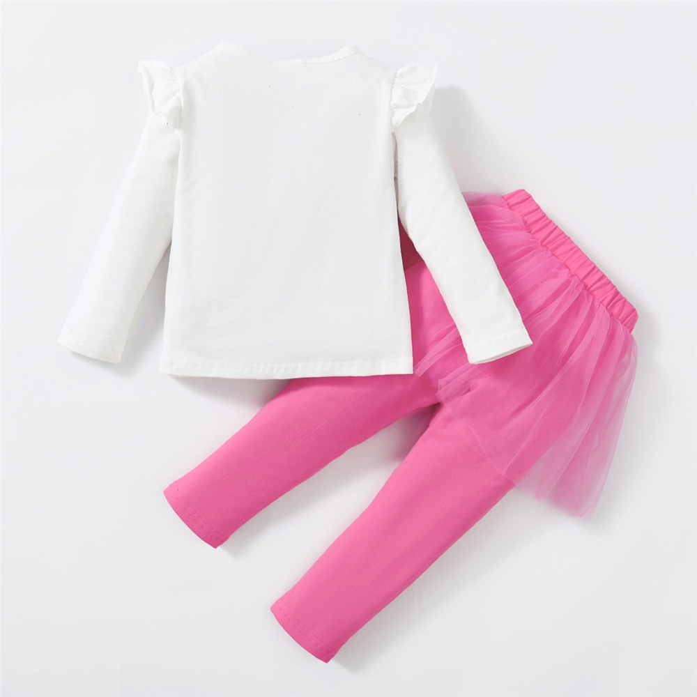 【2PCS】 18M-6Y Toddler Girl Barbie Outfit | White Ruffle Sleeve Barbie Print Top + Pink Mesh Overlay Leggings | Fashion Casual Wear