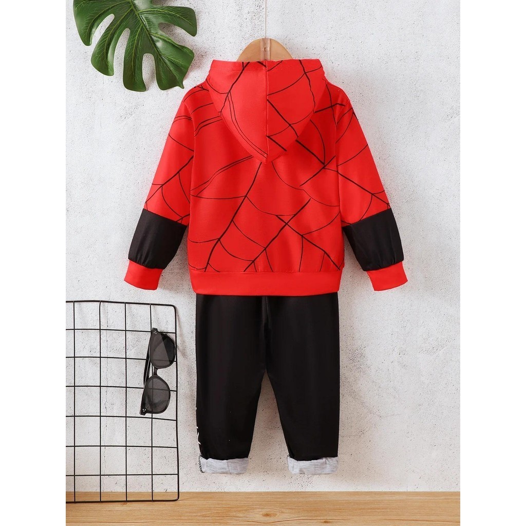 【2PCS】 4-7Y Toddler Boy Superhero Outfit | Red Spider-Man Print Hoodie + Matching Web Pants | Cartoon Casual Set