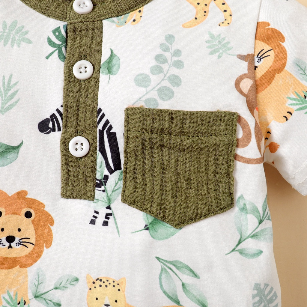 【3-24M】 2PCS Baby Boy Summer Outfit | Jungle Animal Print Henley T-shirt + Solid Textured Shorts | Casual Safari Style Set