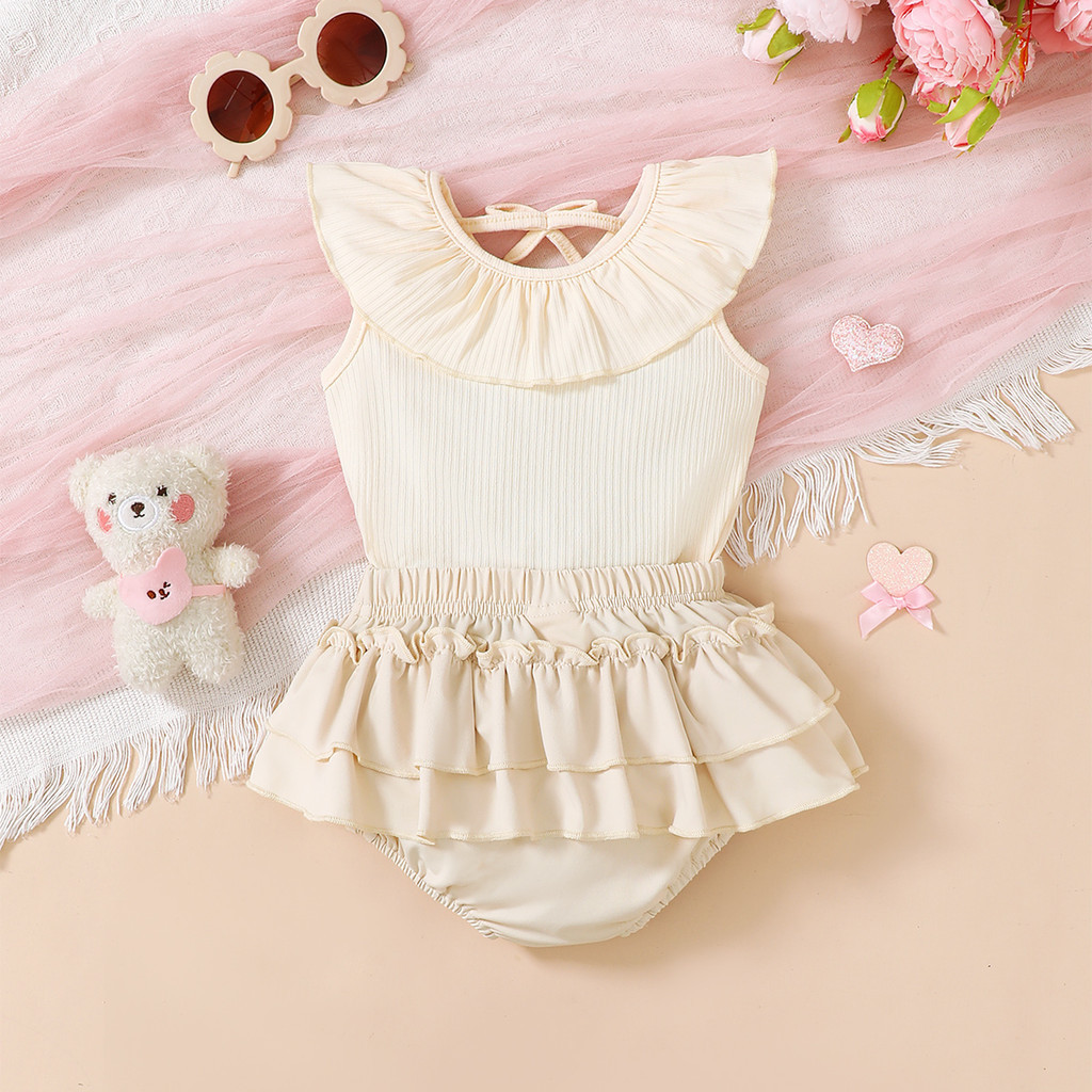 【2PCS】 6M-3Y Baby Girl Set | Cream Ruffle Neck Tank Top + Tiered Ruffle Bloomer Skirt | Casual Cute Outfit