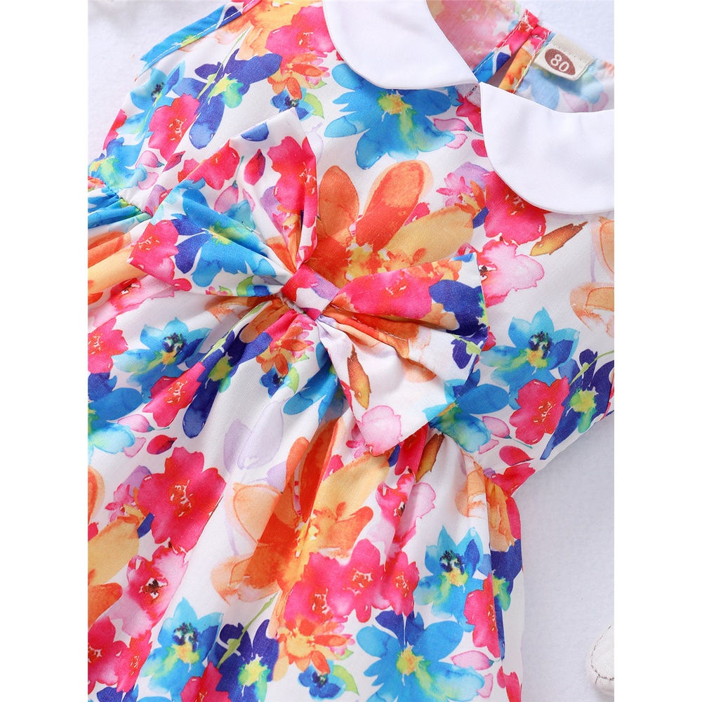 【3-24M】 Baby Girl Floral Dress | Colorful Watercolor Print Sleeveless Dress with Peter Pan Collar | Fashion Daily Wear