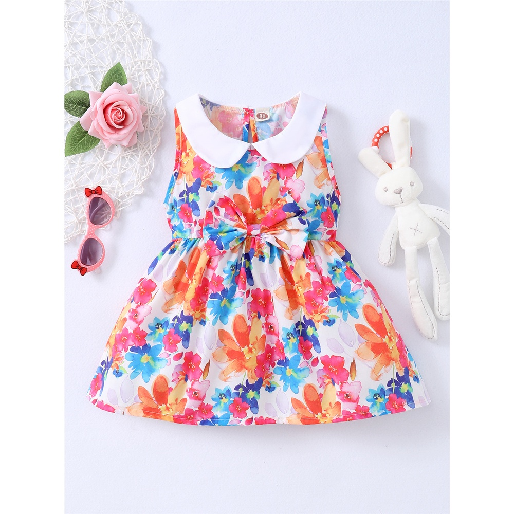 【3-24M】 Baby Girl Floral Dress | Colorful Watercolor Print Sleeveless Dress with Peter Pan Collar | Fashion Daily Wear
