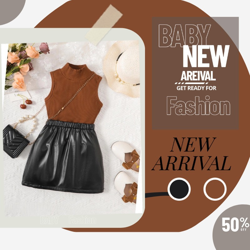 【2PCS】 2-7Y Toddler Girl Outfit | Brown Ribbed Turtleneck Tank Top + Black Faux Leather Skirt | Stylish Casual Set