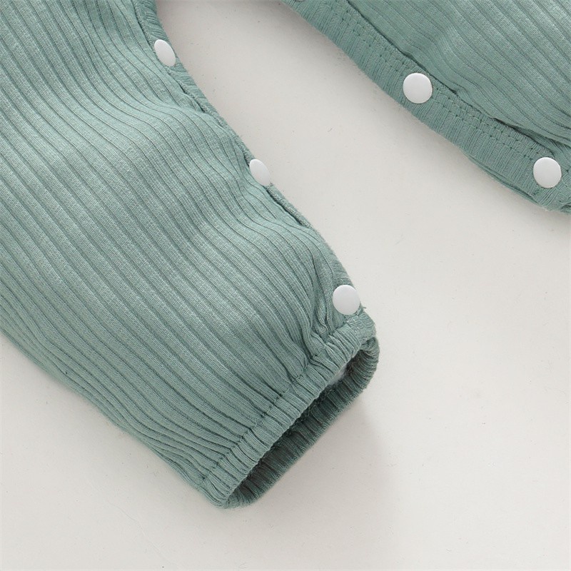 【2PCS】 0-18M Baby Girl Romper Set | Mint Green Ribbed Ruffle Long Sleeve Jumpsuit with Bow + Matching Headband | Cute Daily Wear