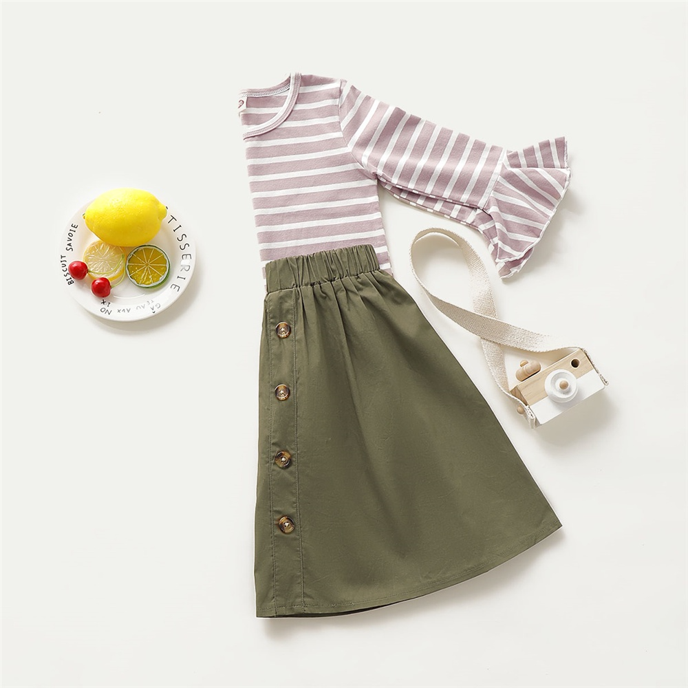 1-6 Years Kid Girl 2PCS Set/Stripe Long Sleeve Top+Plain Color Button Skirt/ Fashion Simple Gentle Style Daily Leisure Wear