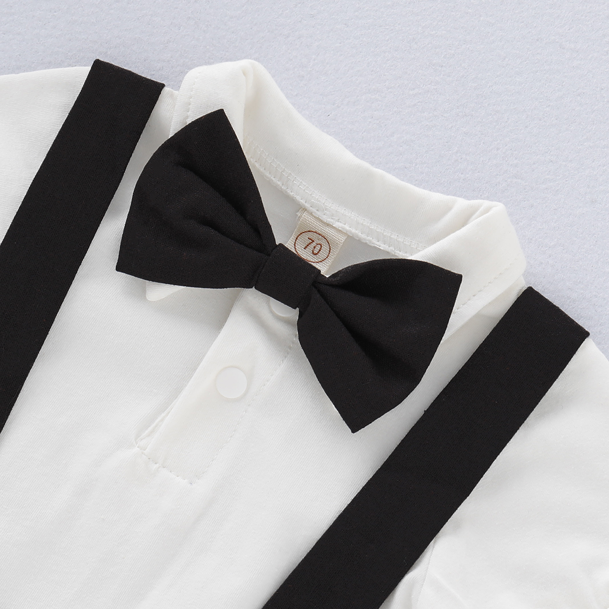 【2PCS】 6-24M Baby Boy Formal Set | White Romper + Black Suspender Shorts with Bow Tie | Classic Party Outfit