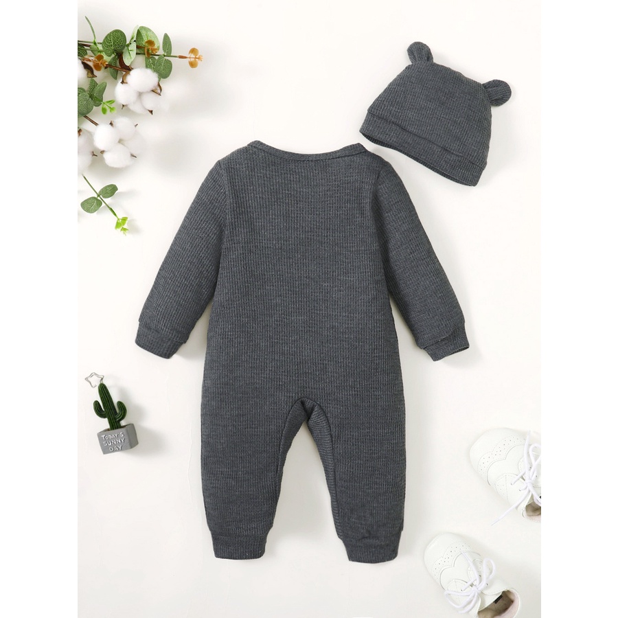 0-3Y Boys' Waffle Knit Romper & Bear Ear Hat Set | Soft Warm Long-Sleeve Outfit, for Daily Wear & Photoshoots, Baby Boys