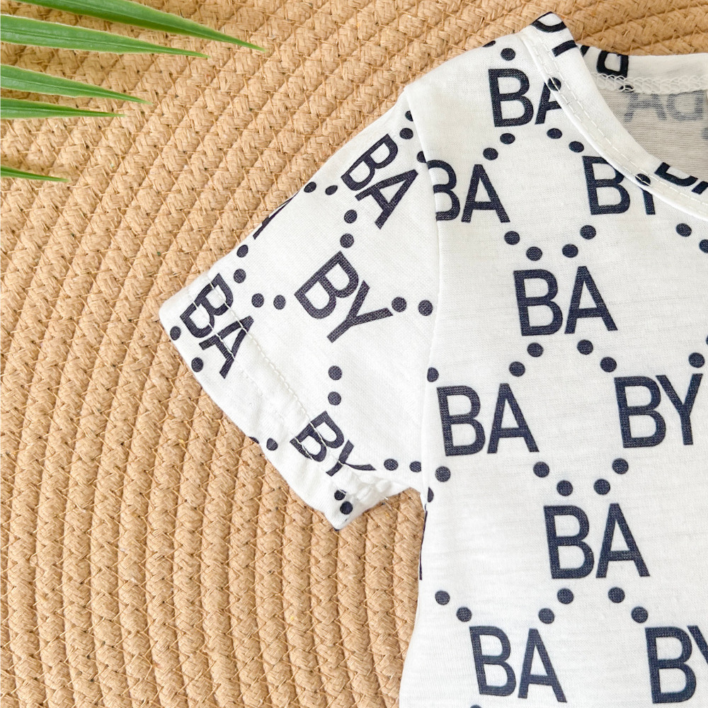 【0-18M】 Baby Boy Romper | "BA BY" Print Short Sleeve Jumpsuit with "LOVE" Zipper Detail | Stylish Newborn Wear
