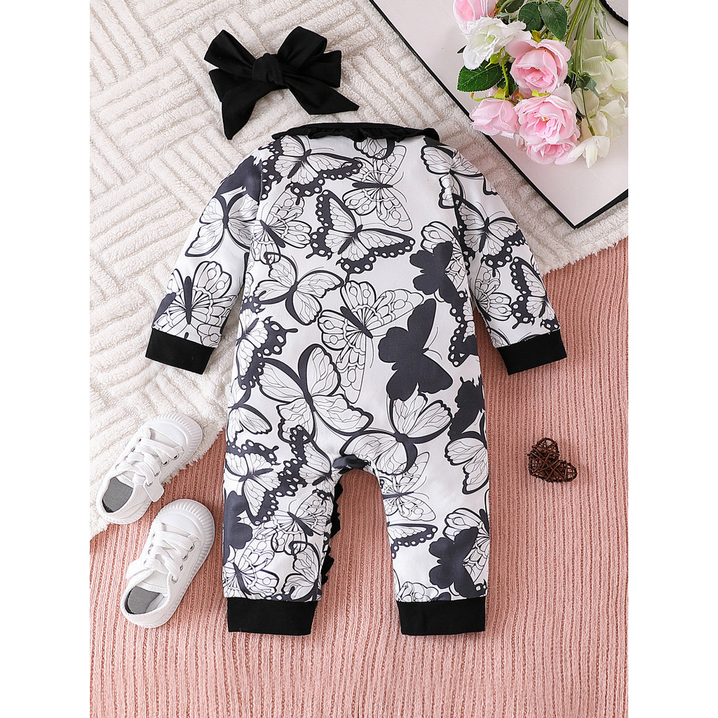 【2PCS】 0-18M Baby Girl Romper Set | Black & White Butterfly Print Ruffle Trim Jumpsuit + Matching Bow Headband | Cute Outfit