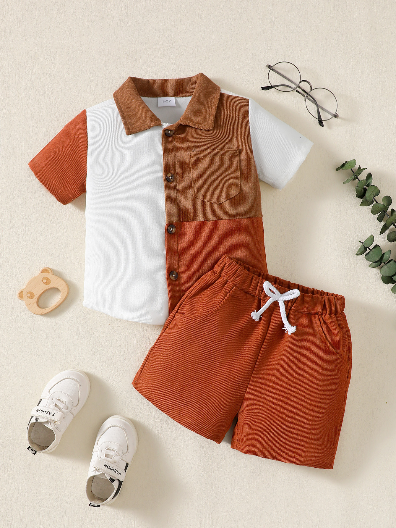 【2PCS】 1-6Y Baby Boy Casual Outfit | Rust & White Color Block Corduroy Shirt + Rust Shorts | Comfortable Summer Set