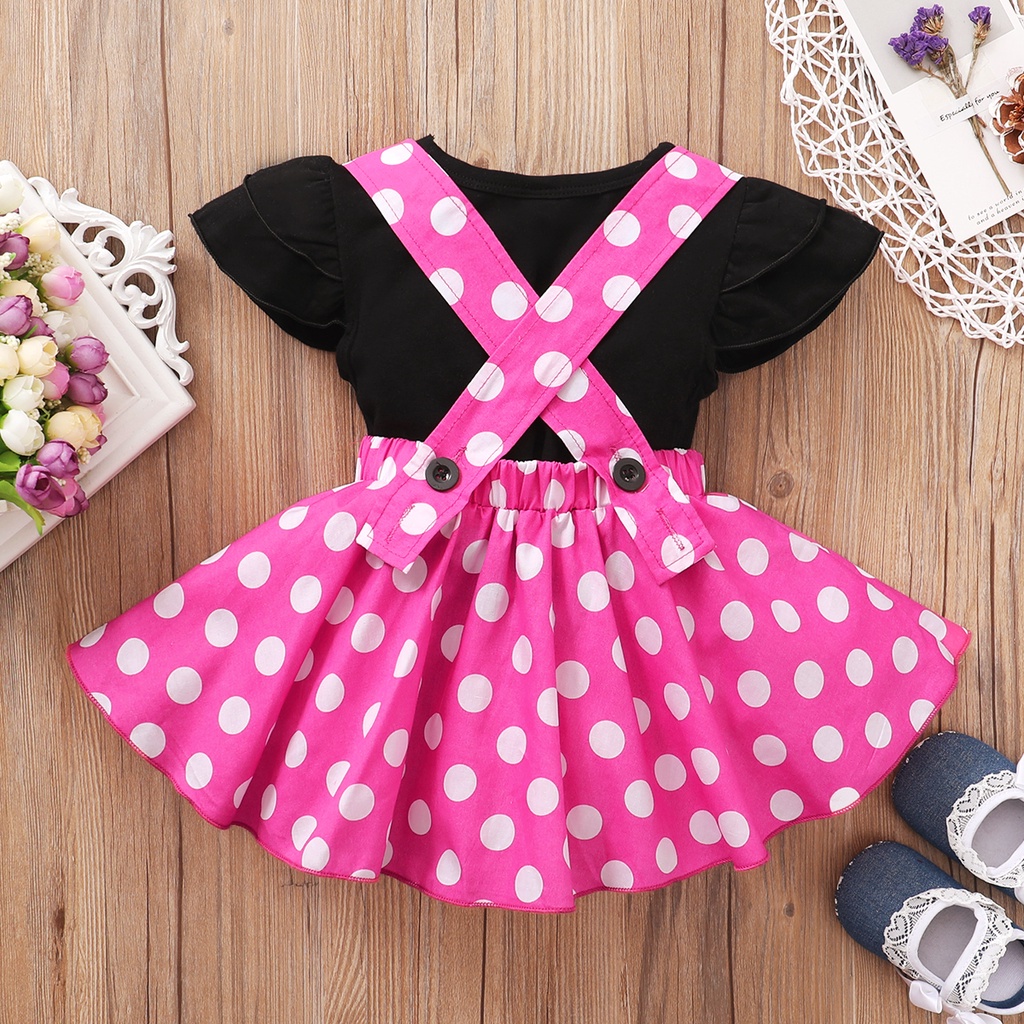 1-6 Years Kid Girl Clothing Set Solid Short Sleeves T-shirt Bow Polka Dot Skirt