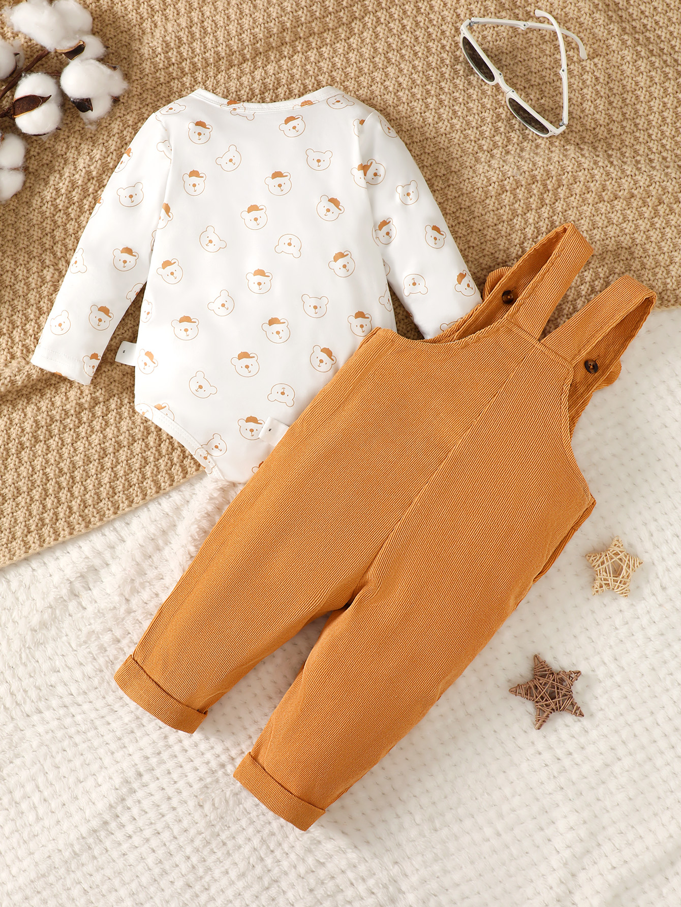 【2PCS】 3-24M Baby Boy Casual Outfit | Bear Print Long Sleeve Top + Mustard Corduroy Overalls | Retro Style Set
