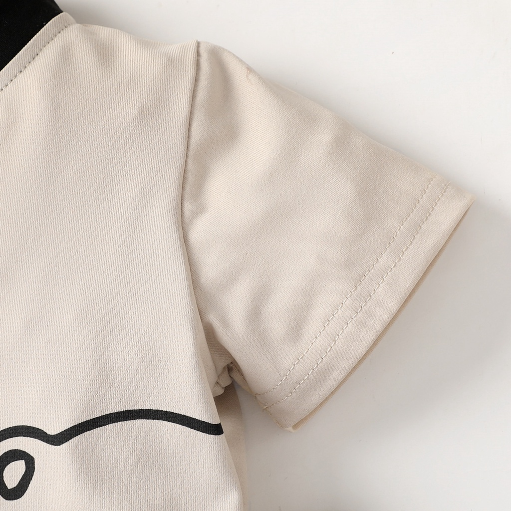 【2PCS】 1-6Y Baby Boy Casual Set | Beige Bear Print Short Sleeve Shirt + Black Shorts | Trendy Daily Outfit
