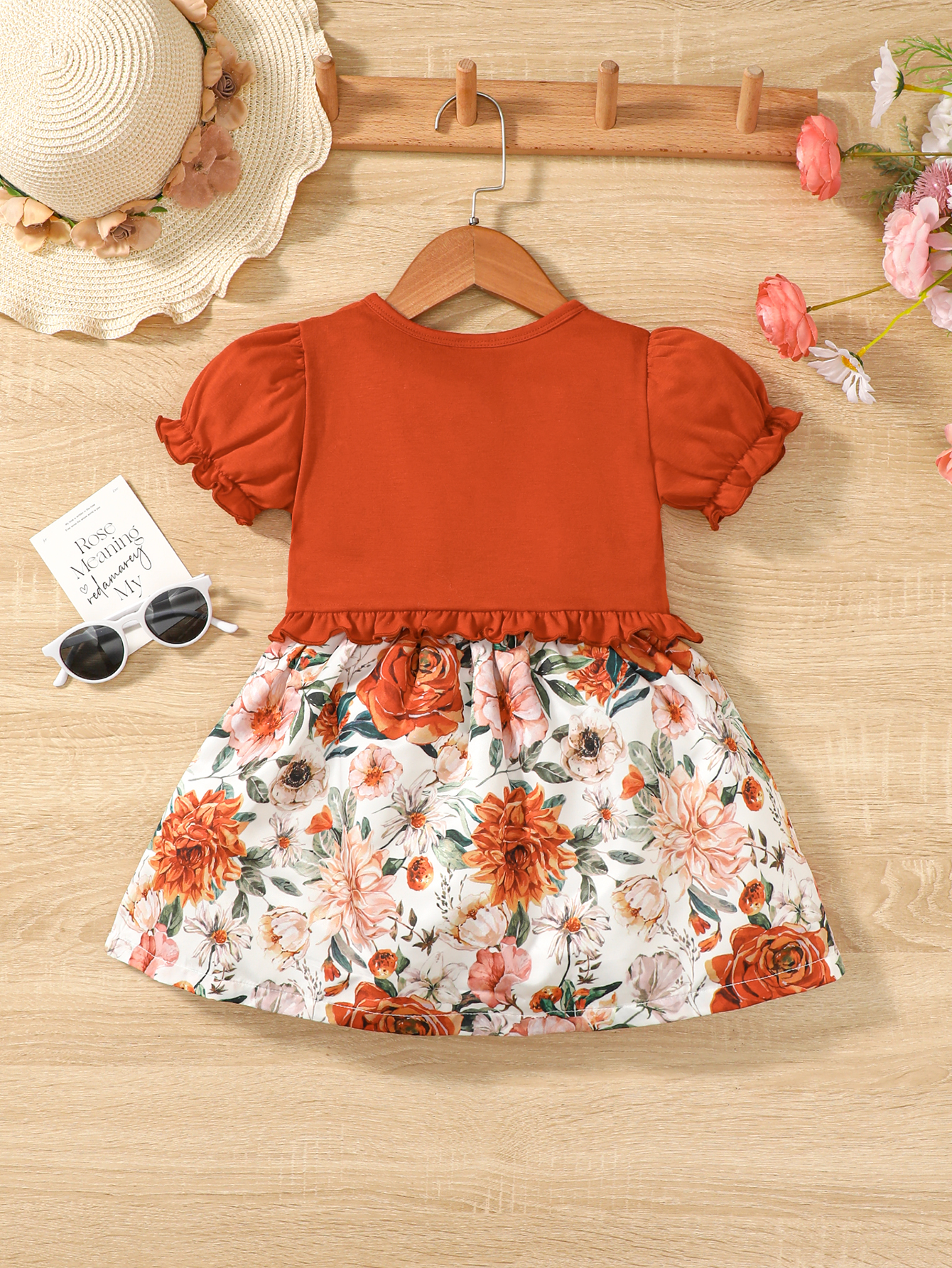 1-6 Years 2PCS Fashion Girl Short Sleeves Solid Top Floral Sling Dresses Summer