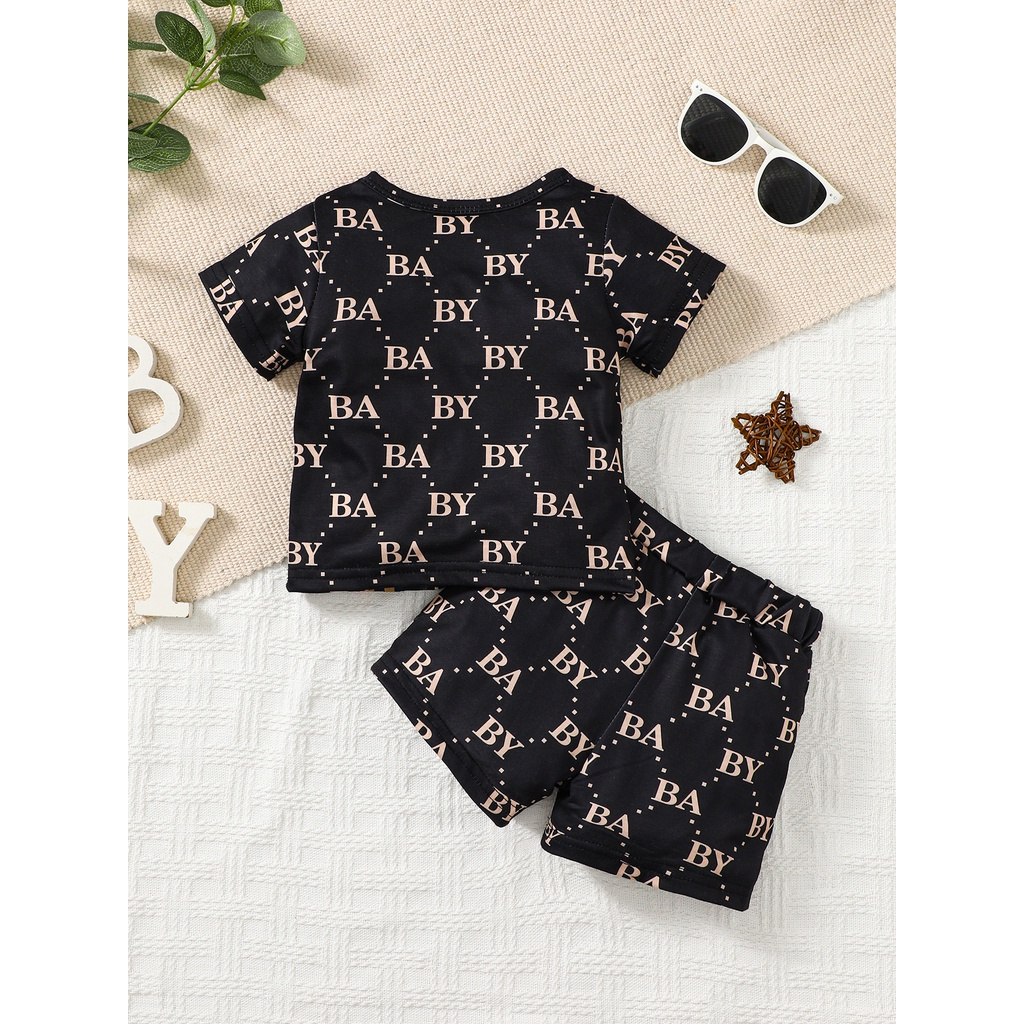 【6M-3Y】 2PCS Toddler Boy Outfit | Allover Letter Print T-shirt with Contrast Pocket + Striped Shorts | Trendy Casual Set