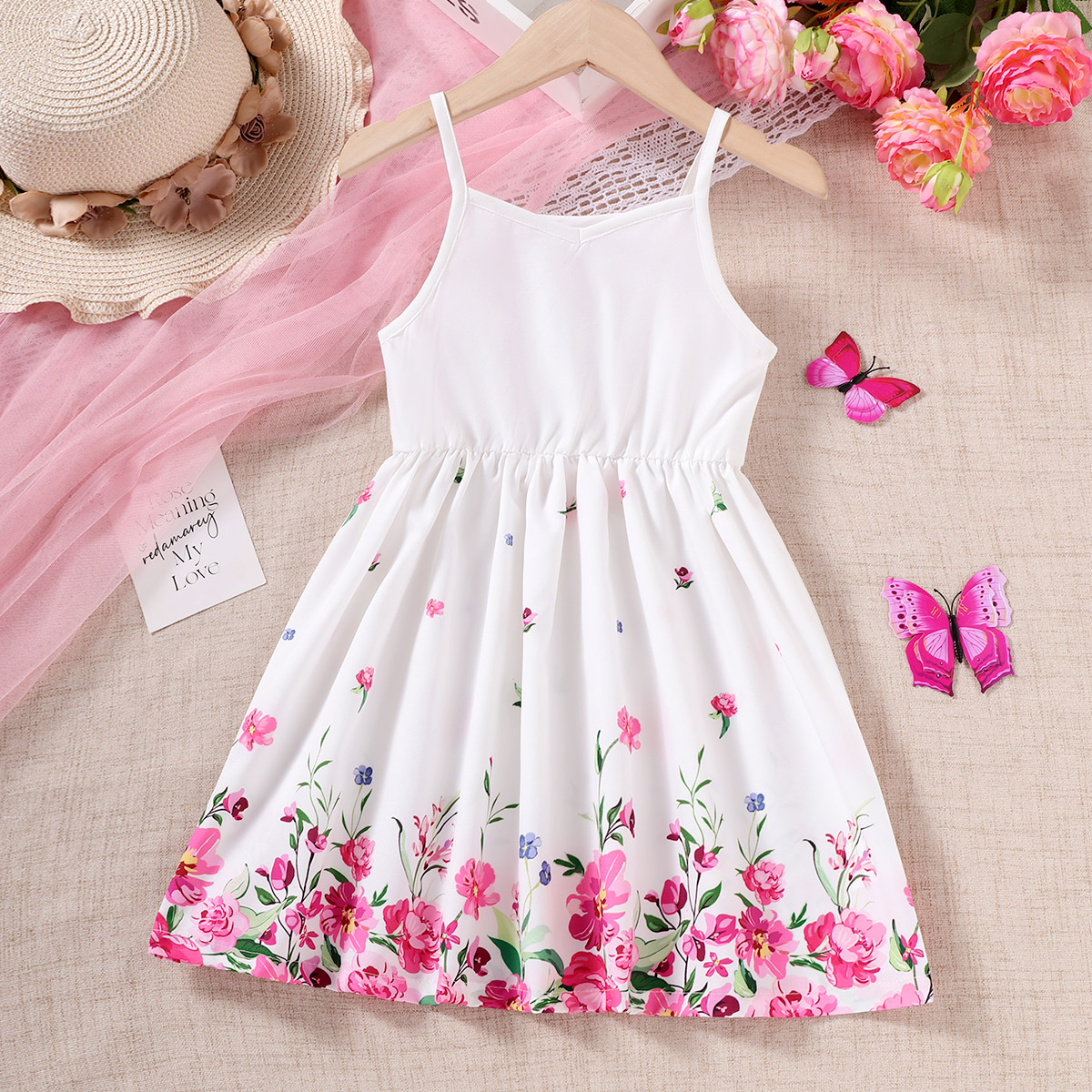 【0-3Y】 Toddler Girl Casual Dress | White Spaghetti Strap Floral Print Dress with Elastic Waist | Cute Summer Outfit