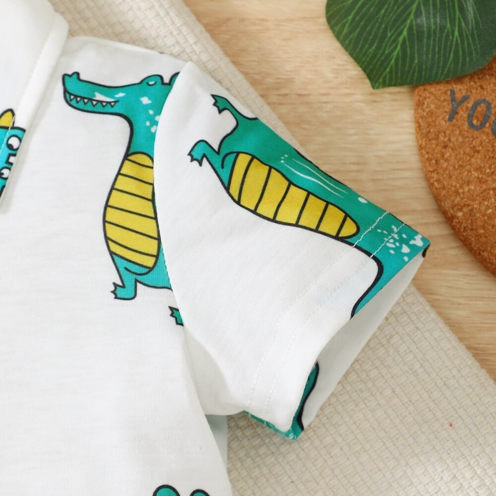 3-24 Months Infant&Baby Boy Gentleman 2pcs Suit Set Cartoon Dinosaur Short Sleeve Polo T-shirt with Solid Shorts Trendy Cute Style Kid Boy Daily Outfit
